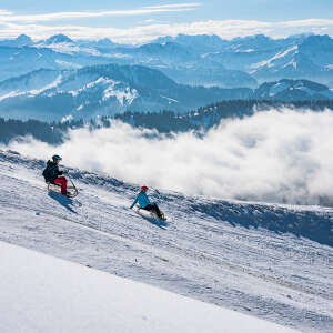 Rodelpartie am Hochgrat mit Bergpanorama der verschneiten Allgäuer Alpen.