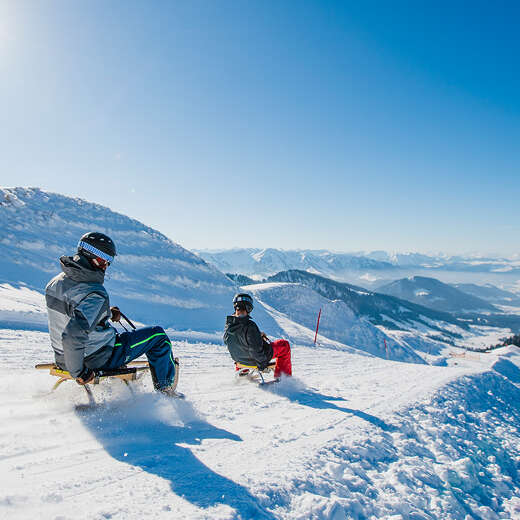 Rodeln am Hochgrat mit Weitblick an einem sonnigen Wintertag.