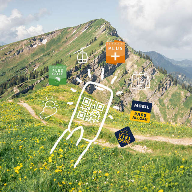 Icons Allgäu-Walser-Pass vor Bergpanorama im Frühling