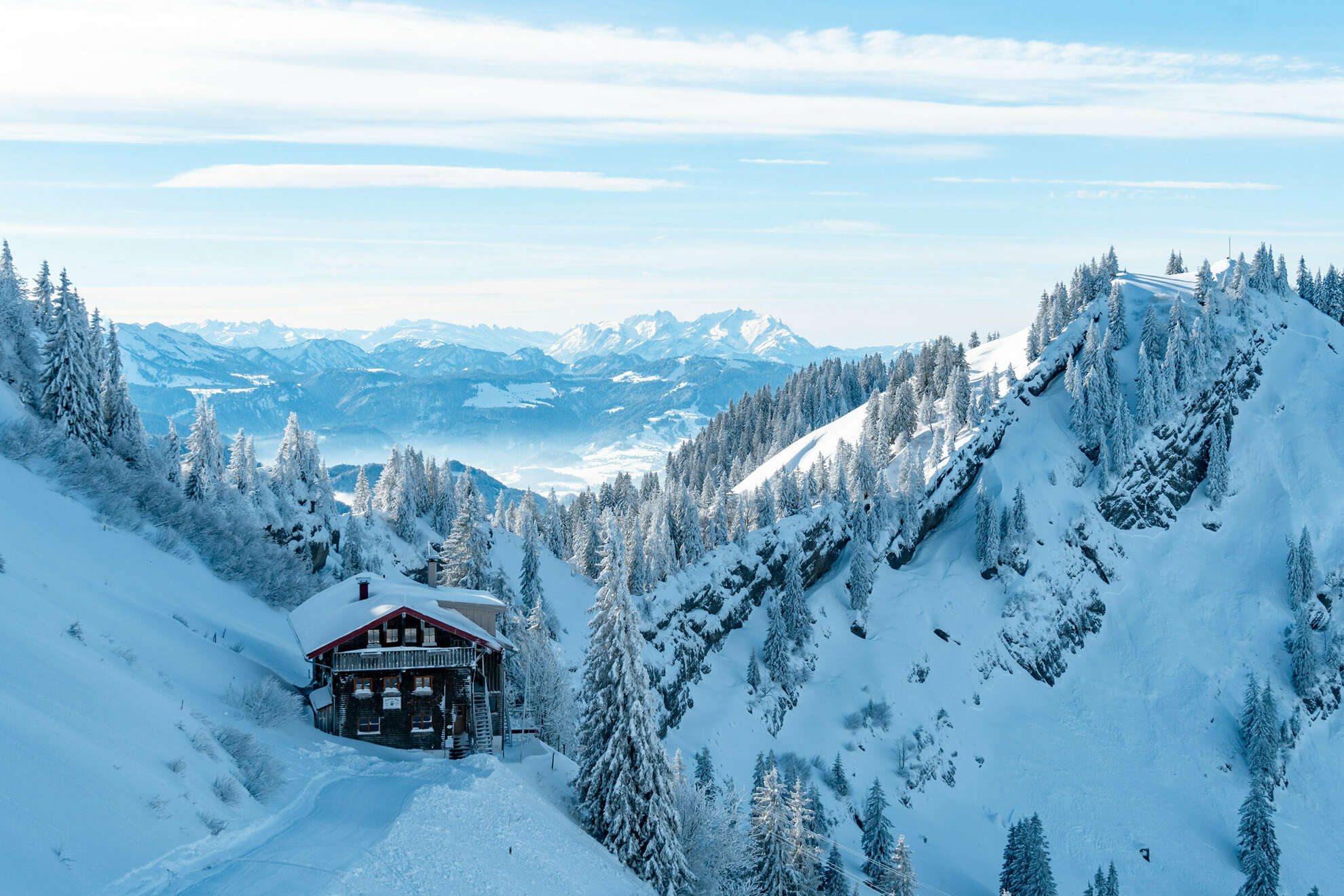 Hochgratgebiet im Winter mit Staufner Haus und verschneitem Bergpanorama