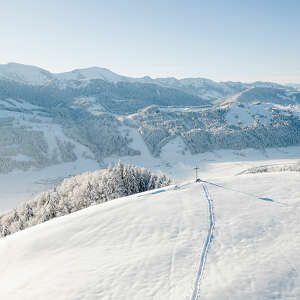 Auf der Salmaser Höhe im Winter mit Ausblick auf die verschneiten Gipfel der Nagelfluhkette und Thalkirchdorf.