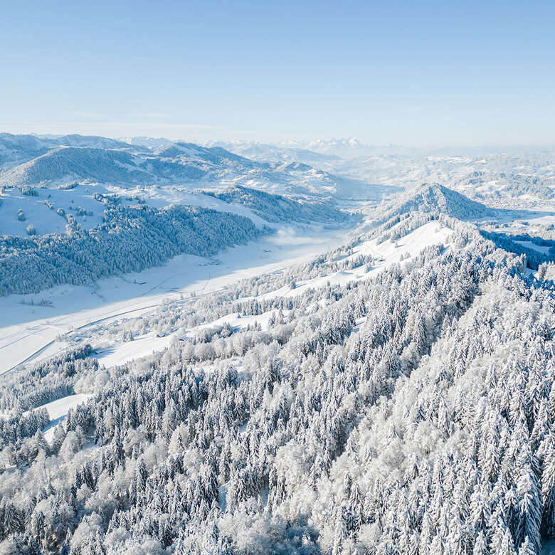 Panoramablick von der Salmaser Höhe Richtung Staufen, Hündle und Säntis im Winter.