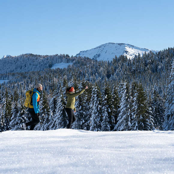 Winterwandern mit Hochgratblick an einem sonnigen Wintertag in Oberstaufen.