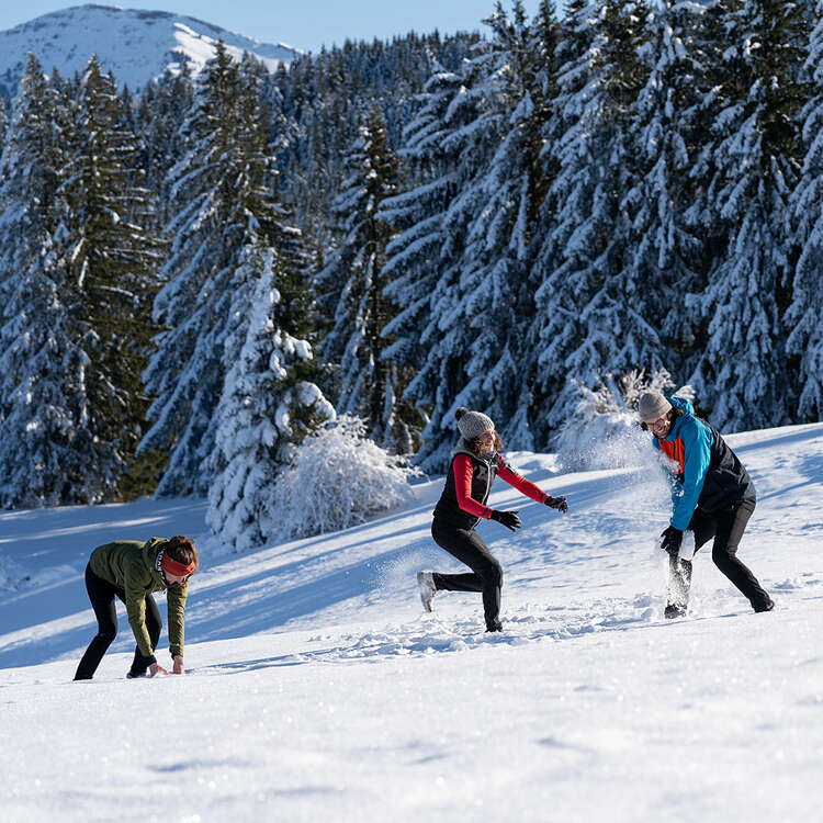 Schneeballschlacht in der verschneiten Natur von Oberstaufen mit Hochgratblick