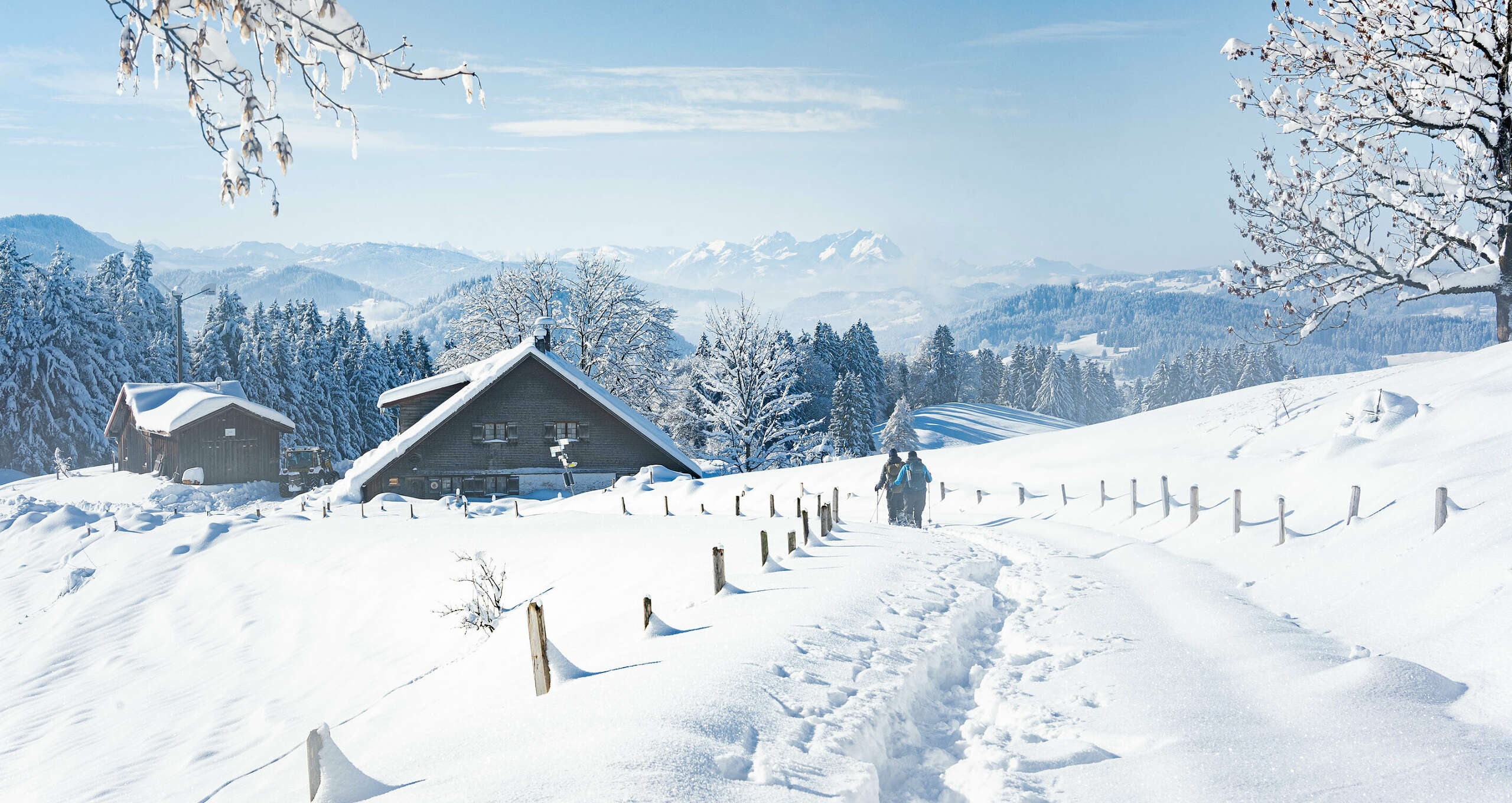 Tief verschneite Landschaft in Oberstaufen lädt zum Winterwandern ein