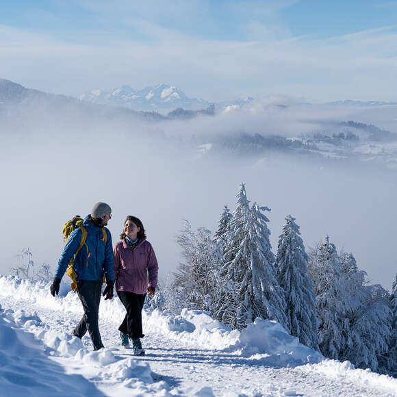 Wandern im Schnee am Hündle mit Weiblick auf die Schweizer Alpen.