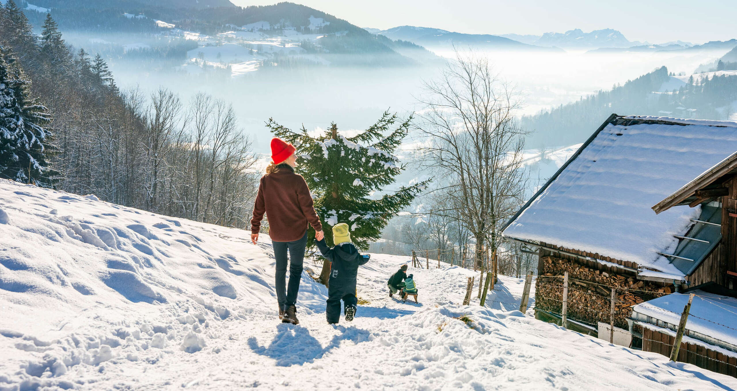 Familienwandern mit Schlittenfahrt am verschneiten Staufen in der Wintersonne mit Weitblick auf die Berge von Oberstaufen