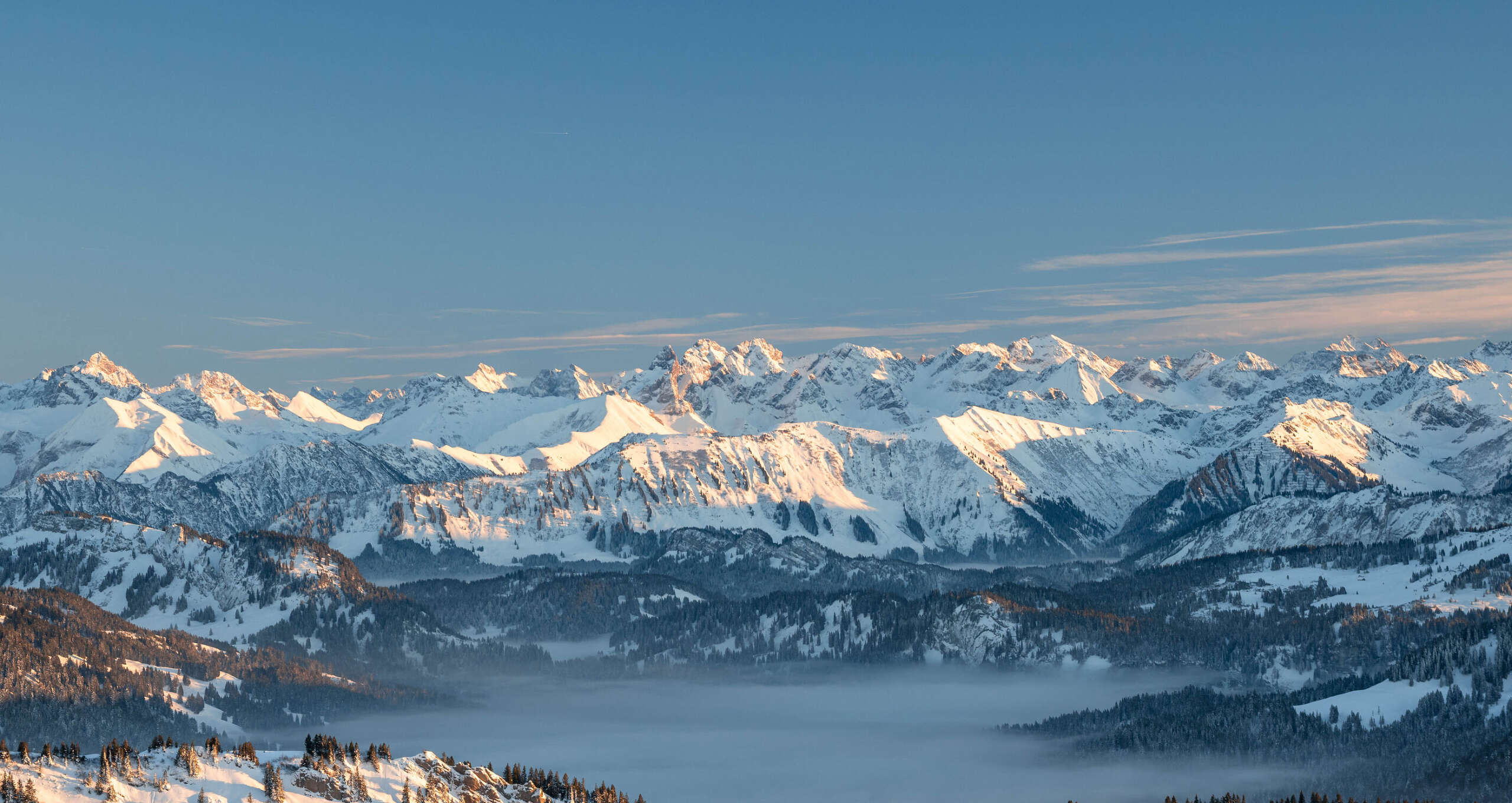 Ausblick auf die verschneiten Gipfel der Allgäuer Alpen im Naturpark Nagelfluhkette.