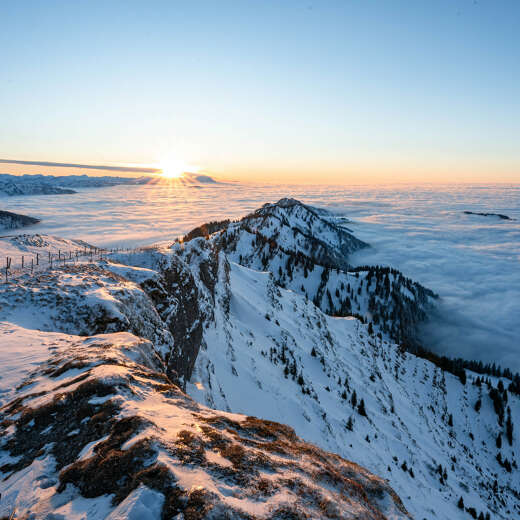 Sonnenuntergang am Hochgrat im Winter über dem Wolkenmeer.