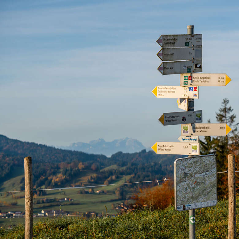 Wegweiser am Hündle mit Weitblick zum Säntis und die Berge von Oberstaufen