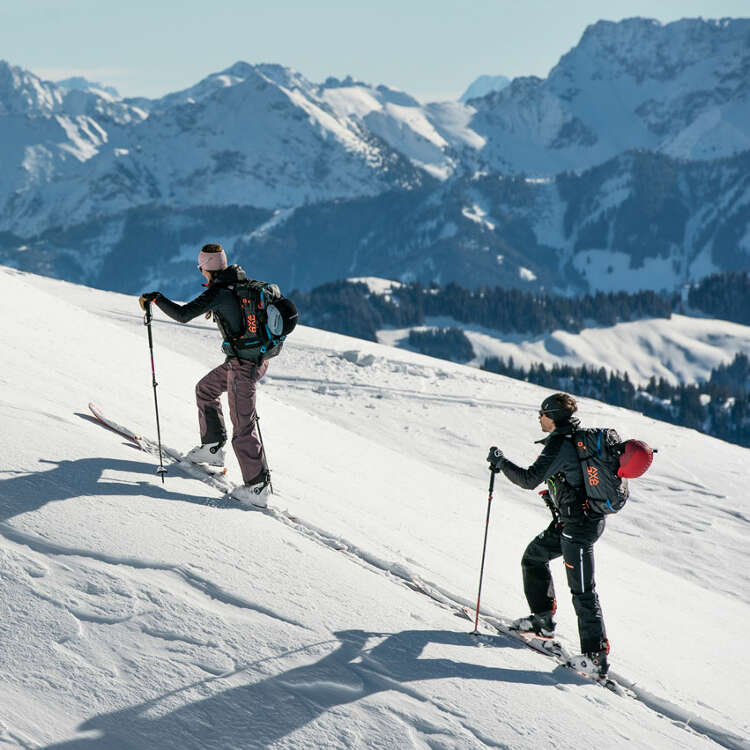 Skibergsteigen am Hochgrat mit Panorama der verschneiten Allgäuer Alpen.