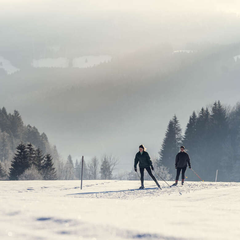 Langlaufen auf der WM-Loipe in der verschneiten Natur und Landschaft von Oberstaufen