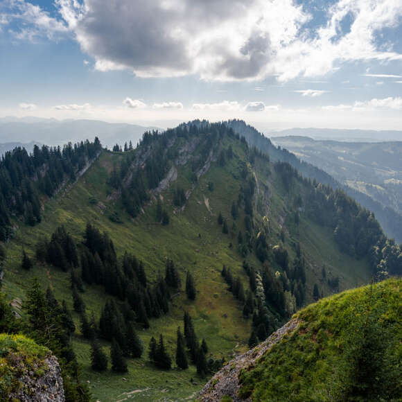 Gipfel von Häderich und Falken mit Weitblick auf die Berge von Oberstaufen