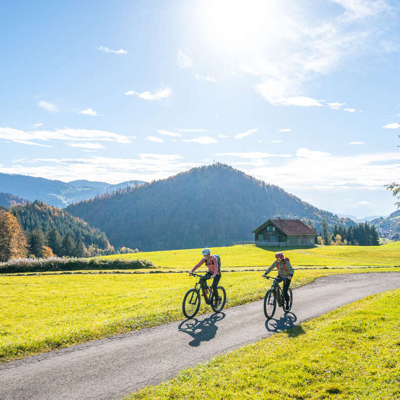 Radtour mit Ausblick auf die Berge von Oberstaufen im Herbst.