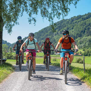 Radgruppe auf dem Radweg zwischen Oberstaufen und Thalkirchdorf im Sommer