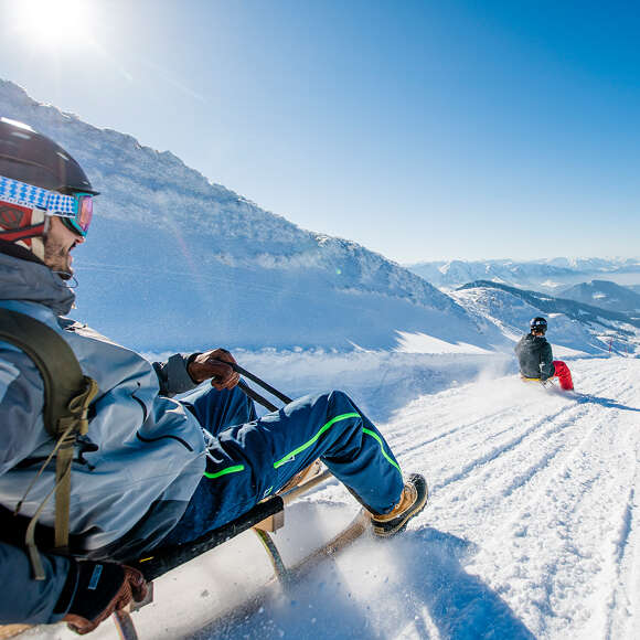 Rasante Rodelabfahrt auf der Rodelbahn am Hochgrat im Winter