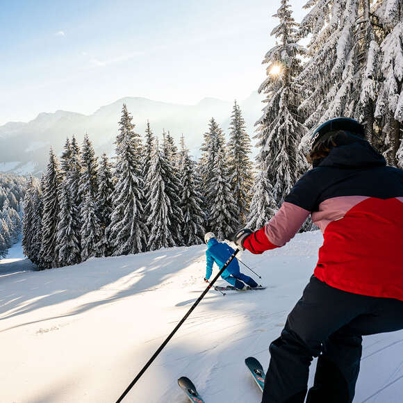 Skifahren in verschneiter Natur auf den Pisten der Skiarena Steibis