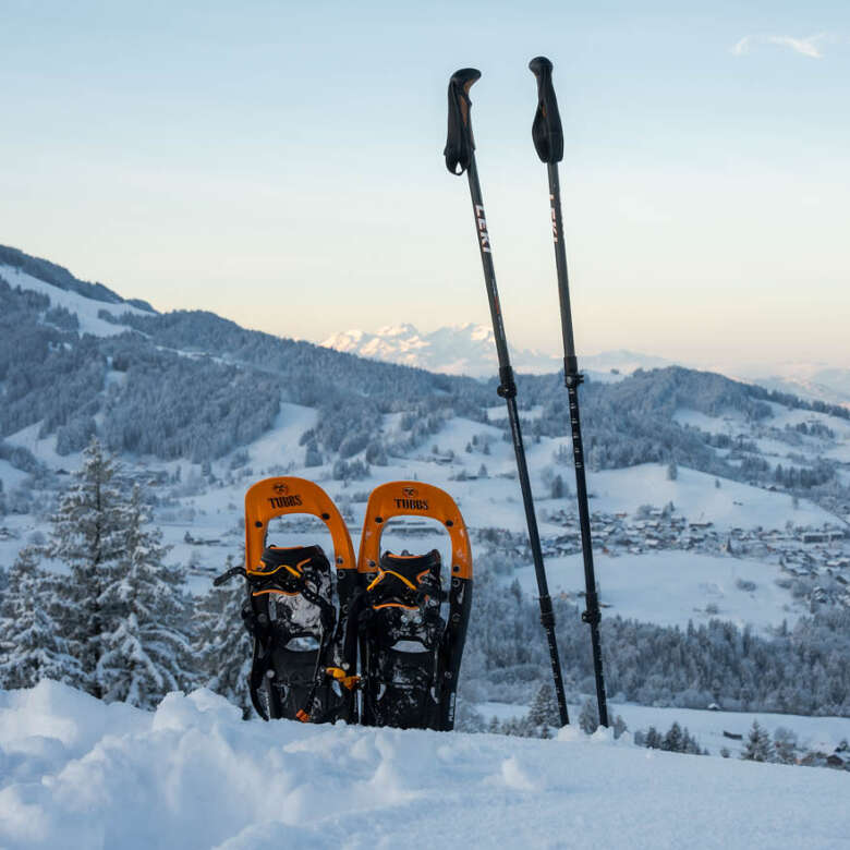 Schneeschuhe auf dem Hündlegipfel mit Weitblick auf den verschneiten Ortsteil Steibis und das weiße Bergpanorama.