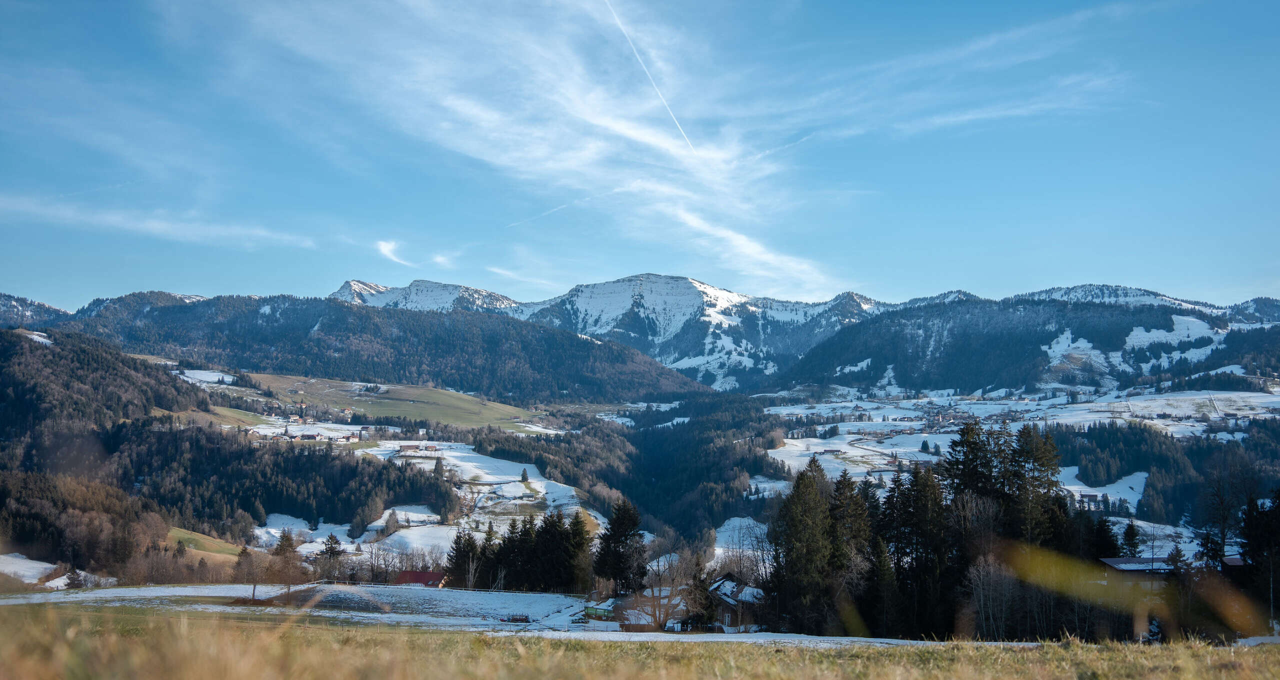 Verschneites Bergpanorama bei grünen Wiesen im Tal