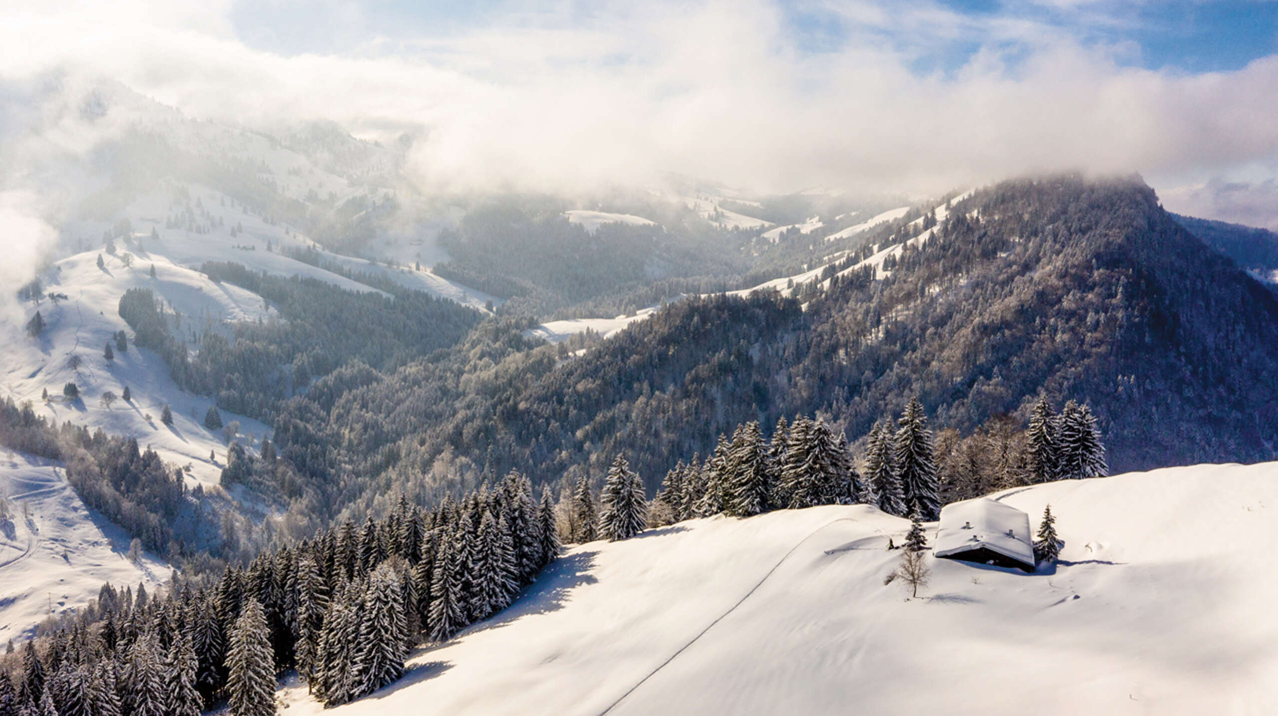 Verschneite Winterlandschaft in den Allgäuer Bergen von Oberstaufen