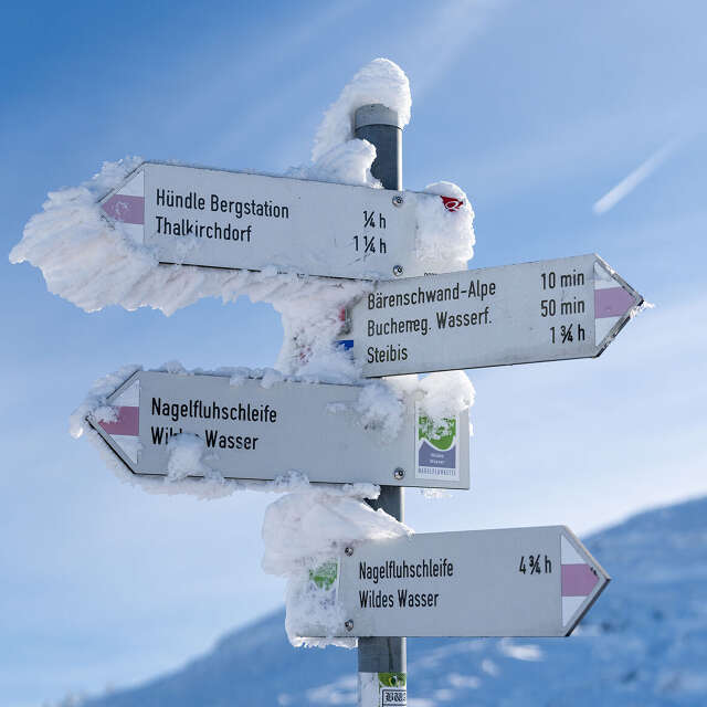 Vereise Wegebeschilderung im Winter im Wandergebiet Oberstaufen