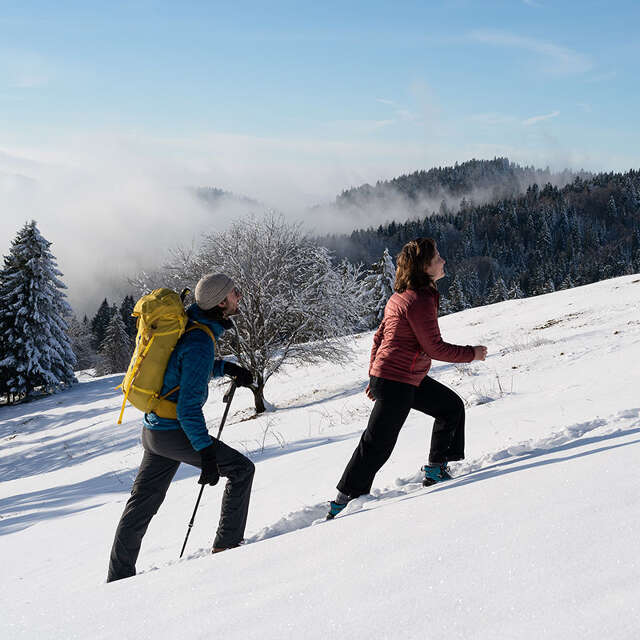 Winterwandern durch den Tiefschnee in der Natur von Oberstaufen